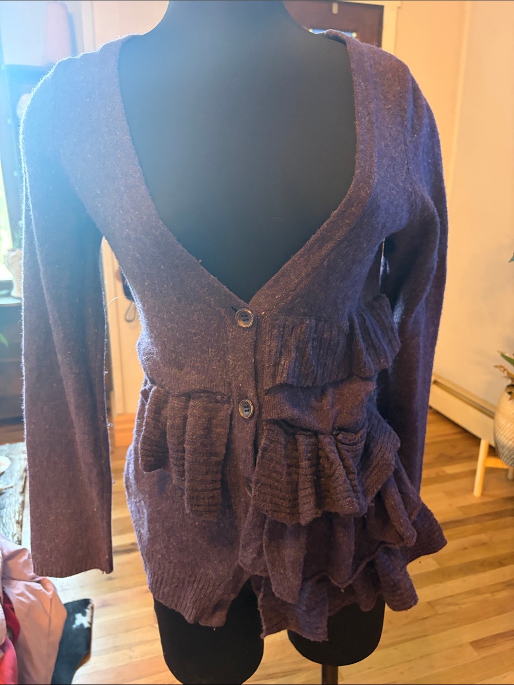 Moth Women's Purple Ruffle Button-Front Sweater Cardigan